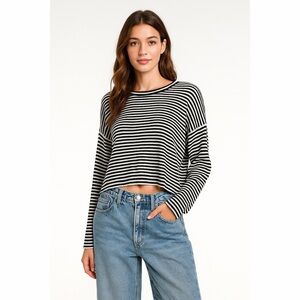 Splendid | Striped Boxy Crop Top Stretchy Lightweight Sweater